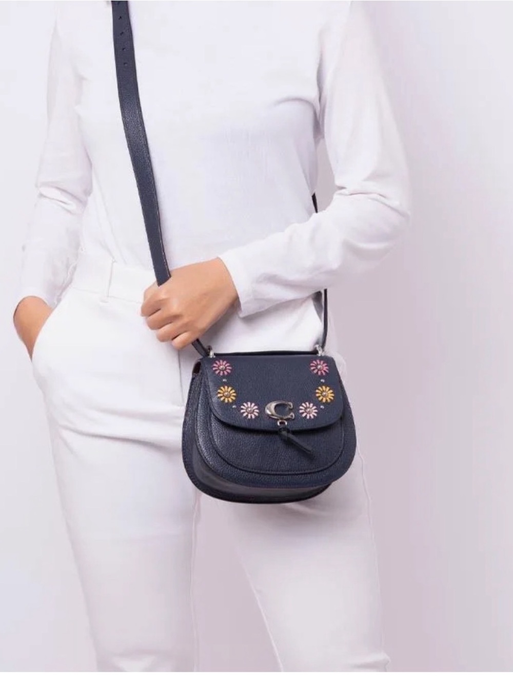 Coach Navy Leather Saddle Crossbody with Floral Appliqués